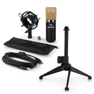 Auna MIC-900BG-LED V1, USB mikrofonski set, črno-zlat kondenzatorski mikrofon + namizno stojalo