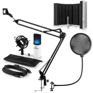 Auna MIC-900WH-LED, V5, Beli mikrofonski set, Kondenzatorski mikrofon, Pop-filter, Resorpčna plošča, Rameno