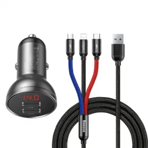Baseus Digital 2x USB avtomobilski adapter + 3in1 kabel USB - UBS C / Micro USB / Lightning 1.2m, črna #136001