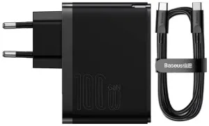 Polnilnik Baseus GaN USB-C + USB wall charger, 100W + 1m cable (black)