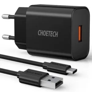 Choetech Q5003 polnilnik QC 18W 3A + kabel USB / USB-C, črna #136416