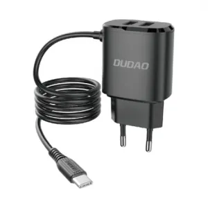 Dudao A2Pro polnilnik 2x USB + vstavaný USB-C kabel 12W, črna #136475