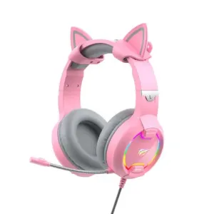 Havit Gamenote H2233d RGB gaming slušalke z mačjimi ušesi, roza #138148