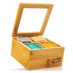 Klarstein Škatla za čaj, 4 predelki, 60 čajnih vrečk, prozorno plastično okno, bambus