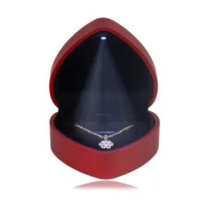 Škatla za nakit, LED lučka - srček, mat rdeča barva, črna blazina