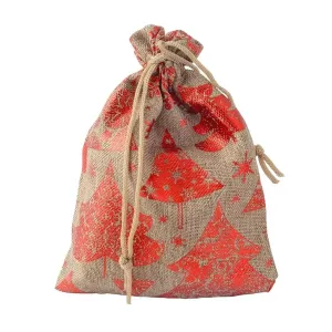 Tekstilna darilna vrečka - drevesca in snežinke, rjavo - rdeče barve