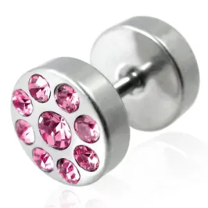 Imitacija vstavka za uho v srebrni barvi s cirkoni barbell motiv - Barva: Rožnata