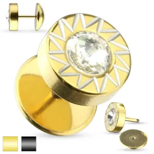 Jeklena imitacija vstavka za uho – sonce z lesketavim prozornim cirkonom na sredini - Barva piercinga: Zlata