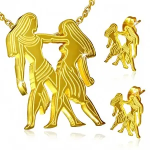 Jeklen komplet zlate barve - uhani in obesek, astrološko znamenje dvojčkov