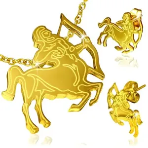 Jeklen komplet zlate barve - uhani in obesek, astrološko znamenje strelca