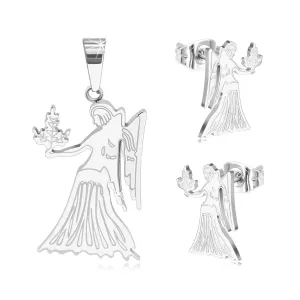 Set iz kirurškega jekla v srebrni barvi, obesek in uhani, horoskop znak DEVICA