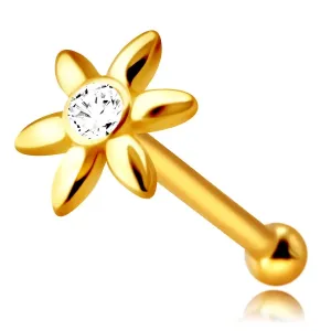 Piercing za nos iz 9-karatnega rumenega zlata – cvetlica s prozornim cirkonom, dolgi cvetovi