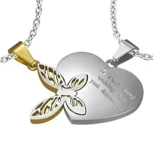 Dvojen jeklen obesek, srebrne in zlate barve, srce z napisom, metulj z izrezi