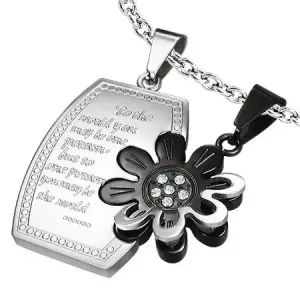 Jeklen obesek za par, sijoč pravokotnik s cvetom, srebrna in črna barva