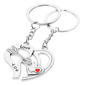 Obeska za ključe za par - dve polovici srca, puščica in srca