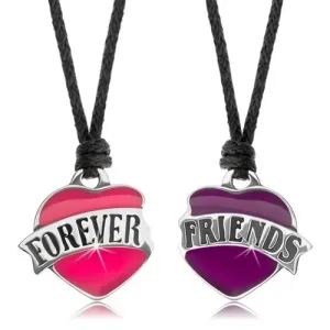 Dve ogrlici iz vrvic, rožnato in vijolično srce, napis FOREVER FRIENDS