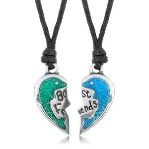 Komplet ogrlic, polovici srca z delfinoma, zelena in modra lesketava glazura, Best Friends