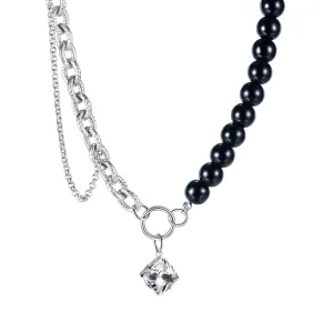Ogrlica iz jekla 316L – črne steklene kroglice, obesek iz cirkonov, dve vrsti verižic