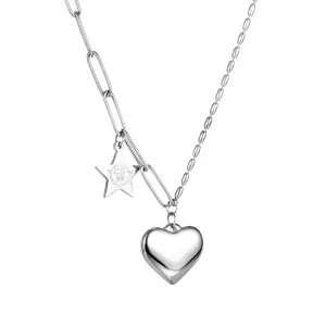Ogrlica iz jekla 316L – izbočeno srce, gladka zvezda, verižica z dvemi različnimi vrstami členov