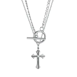 Ogrlica iz jekla 316L srebrne barve – deteljasti križ z zarezami, dvojna verižica