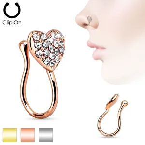 Imitacija piercinga za nos iz kirurškega jekla, svetleče cirkonsko srce - Barva: Srebrna