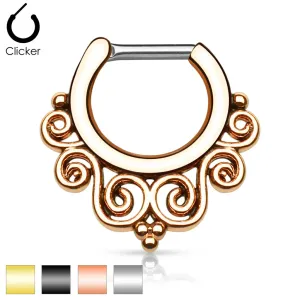 Jeklen piercing za septum - krožni segment s plemensko spiralo, zapiranje na klik, različne barve - Barva: Bakrena