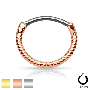 Okrogel jeklen piercing za nos - vzorec zvite žice, zapiranje na klik - Barva: Zlata