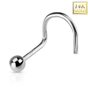 Piercing za nos iz 14-k zlata – ukrivljen, sijoča gladka kroglica, belo zlato - Širina piercinga: 0,8 mm