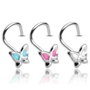Piercing za nos iz srebra 925 - metulj z glaziranimi krili - Barva piercinga: Rožnata