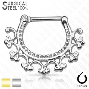 Septum piercing iz kirurškega jekla - krožni segment z ornamenti, zapiranje na klik - Barva: Srebrna