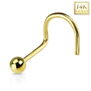 Ukrivljen piercing za nos iz 14-k zlata - sijoča gladka kroglica, rumeno zlato - Širina piercinga: 0,8 mm