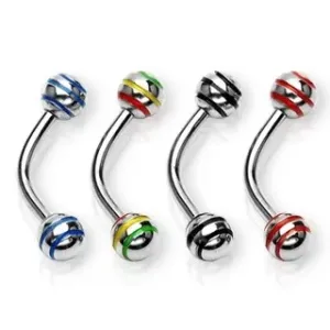 Jeklen piercing za obrv - sijoči kroglici s tremi črtami - Mere: 1,2 mm x 8 mm x 4 mm, Barva cirkona: Rdeča - rumena - zelena - JM
