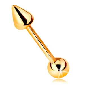 Piercing iz 14-k zlata – sijoča ravna ročka s kroglico in stožcem, 10 mm