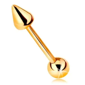 Piercing iz 9-k zlata – sijoča ravna ročka s kroglico in stožcem, 10 mm