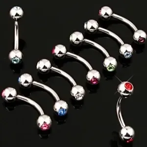 Preprost zavit piercing za obrvi z dvema cirkonoma - Mere: 1,2 mm x 8 mm x 3 mm, Barva cirkona: Akvamodra - Q