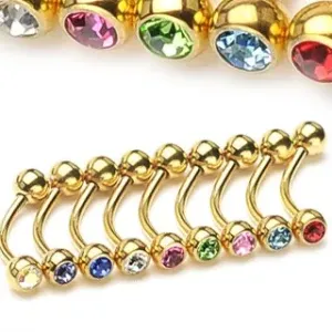 Zavit piercing za obrvi - zlate barve s cirkonoma - Mere: 1,2 mm x 10 mm x 4 mm, Barva cirkona: Rdeča - R