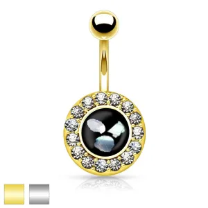 Jeklen piercing z popek, črn krog s kosi biserovine, cirkonska obroba - Barva piercinga: Zlata