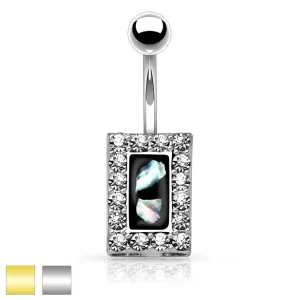 Jeklen piercing za popek, črn pravokotnik s kosoma bisera, cirkonska obroba - Barva piercinga: Zlata