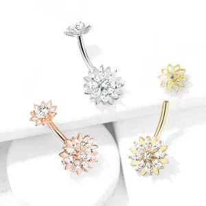 Jeklen piercing za popek, cvetovi, prozorni cirkoni, različne barve, prevleka iz rodija - Barva piercinga: Zlata