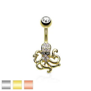 Jeklen piercing za popek – hobotnica, prozorni in črni cirkoni - Barva piercinga: Medená