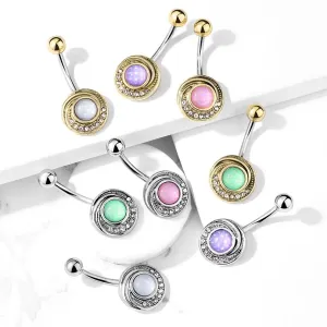 Jeklen piercing za popek - izbočen krog s prozornimi kristali in barvnim epoksi kamenčkom - Barva piercinga: Zlato-prozoren
