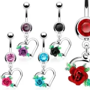 Jeklen piercing za popek, kontura srca, cvetoča vrtnica z listki, cirkoni - Barva cirkona: Rožnata - P