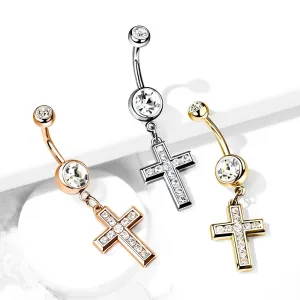 Jeklen piercing za popek – križ okrašen z drobnimi cirkoni, okrogel cirkon - Barva: Zlata