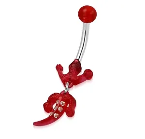 Jeklen piercing za popek –kroglica, rdeč kuščar s prozornimi cirkoni