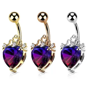 Jeklen piercing za popek – modro-vijolično srce, krona, različni dizajni - Barva: Zlata