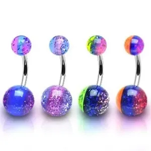Jeklen piercing za popek - prozorni kroglici v treh barvah z bleščicami - Barva piercinga: Fialová - Modrá - Fialová