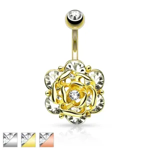 Jeklen piercing za popek – rožica s prozornimi okroglimi cirkoni, različnih barv - Barva: Zlata