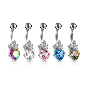 Jeklen piercing za popek - srce s tiaro okrašeno s kristali, različne barve, rodinirano - Barva: Prozorna