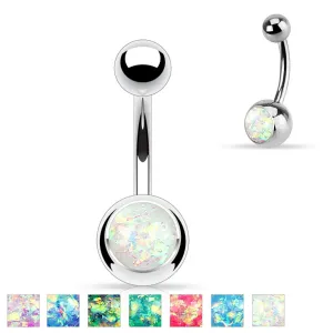 Jeklen piercing za popek srebrne barve, kroglica z umetnim opalom - Barva: Bela