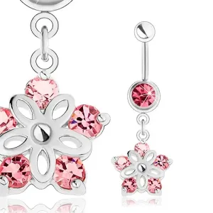 Jeklen piercing za popek, srebrne barve, lesketav cvet, rožnati cirkoni